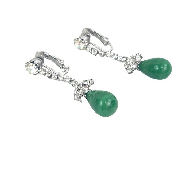 Kramer Green Teardrop Clip-On Earrings With Rhinestones - Picture 3 of 9